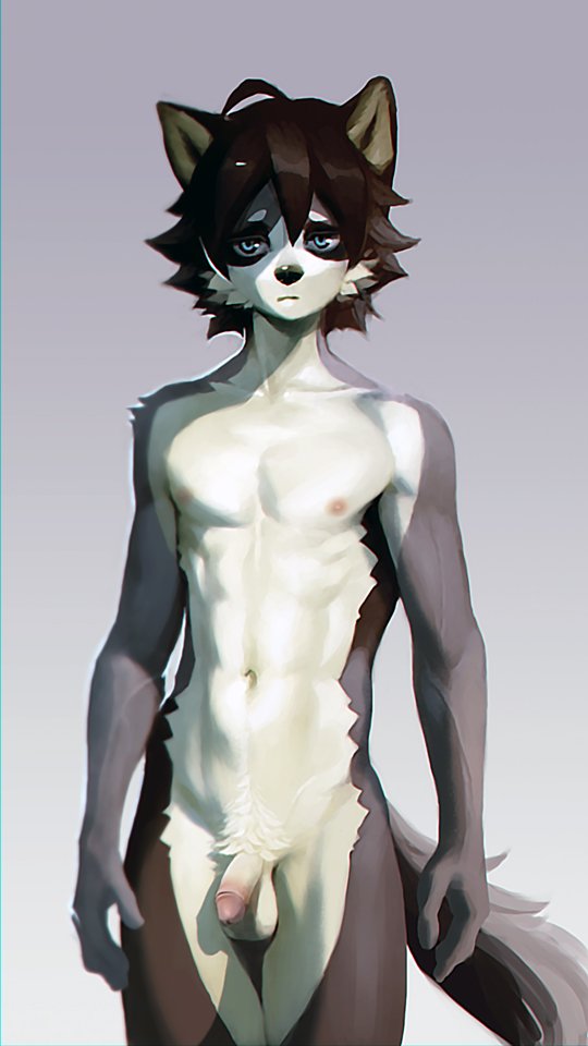 abs anthro athletic athletic_male balls bangs black_nose blue_eyes body_hair brown_hair canid canine canis cheek_tuft domestic_dog facial_tuft flaccid front_view frown genitals grey_background hair happy_trail humanoid_genitalia humanoid_penis kiske_7key legs_together looking_at_viewer male mammal navel nude pecs penis portrait pubes recolor short_hair simple_background solo standing three-quarter_portrait tuft vein white_pubes