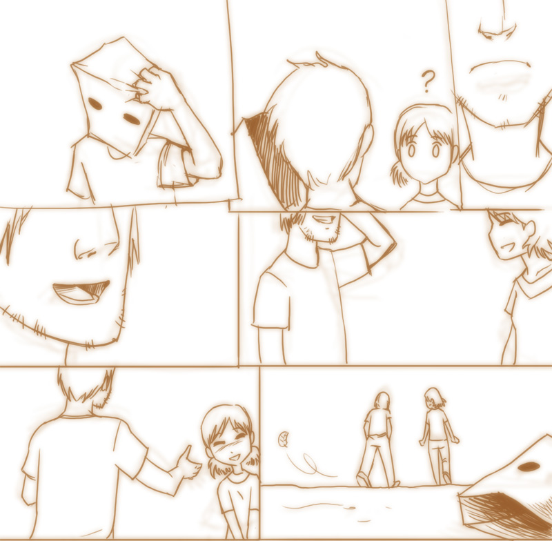 1boy 1girl ? alone anonymous artist_request blush comic dream dreaming loneliness paper_bag smile