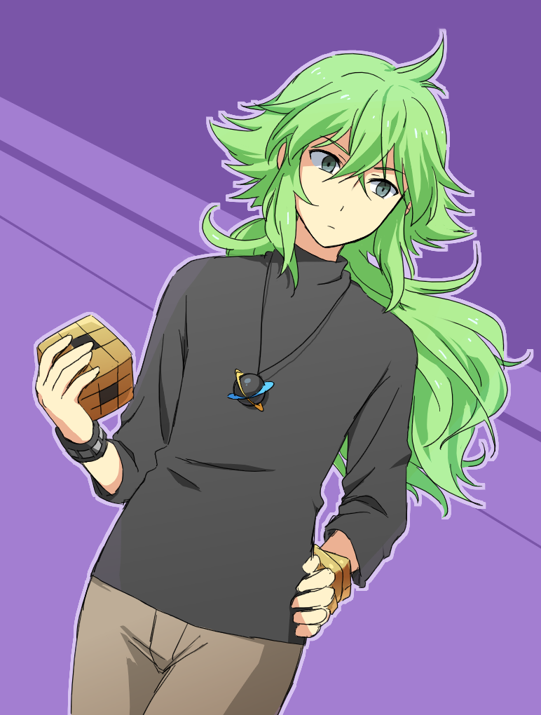 1boy bangle bracelet bracelets green_eyes green_hair hand_on_hip hanjuku_tomato hips jewelry long_hair male male_focus n_(pokemon) necklace pixiv_manga_sample pokemon pokemon_(game) pokemon_black_and_white pokemon_bw ponytail simple_background solo void_cube