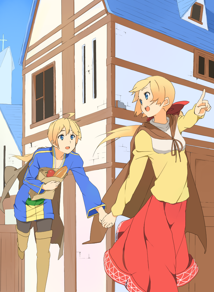 1boy 1girl alma_beoulve apple bag baguette blonde_hair blue_eyes bread brother_and_sister cape dress female final_fantasy final_fantasy_tactics food fruit hand_holding holding_hands izumi_(ko8) long_hair looking_back male open_mouth pointing ponytail ramza_beoulve red_ribbon ribbon siblings skirt thighhighs