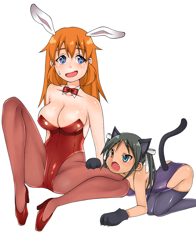 animal_ears bad_id bad_pixiv_id black_hair blue_eyes brown_hair bunny_ears bunnysuit cat_ears charlotte_e_yeager fang francesca_lucchini kittysuit long_hair multiple_girls pantyhose paws spread_legs strike_witches tail thighhighs twintails world_witches_series yuki_(wankosoba)
