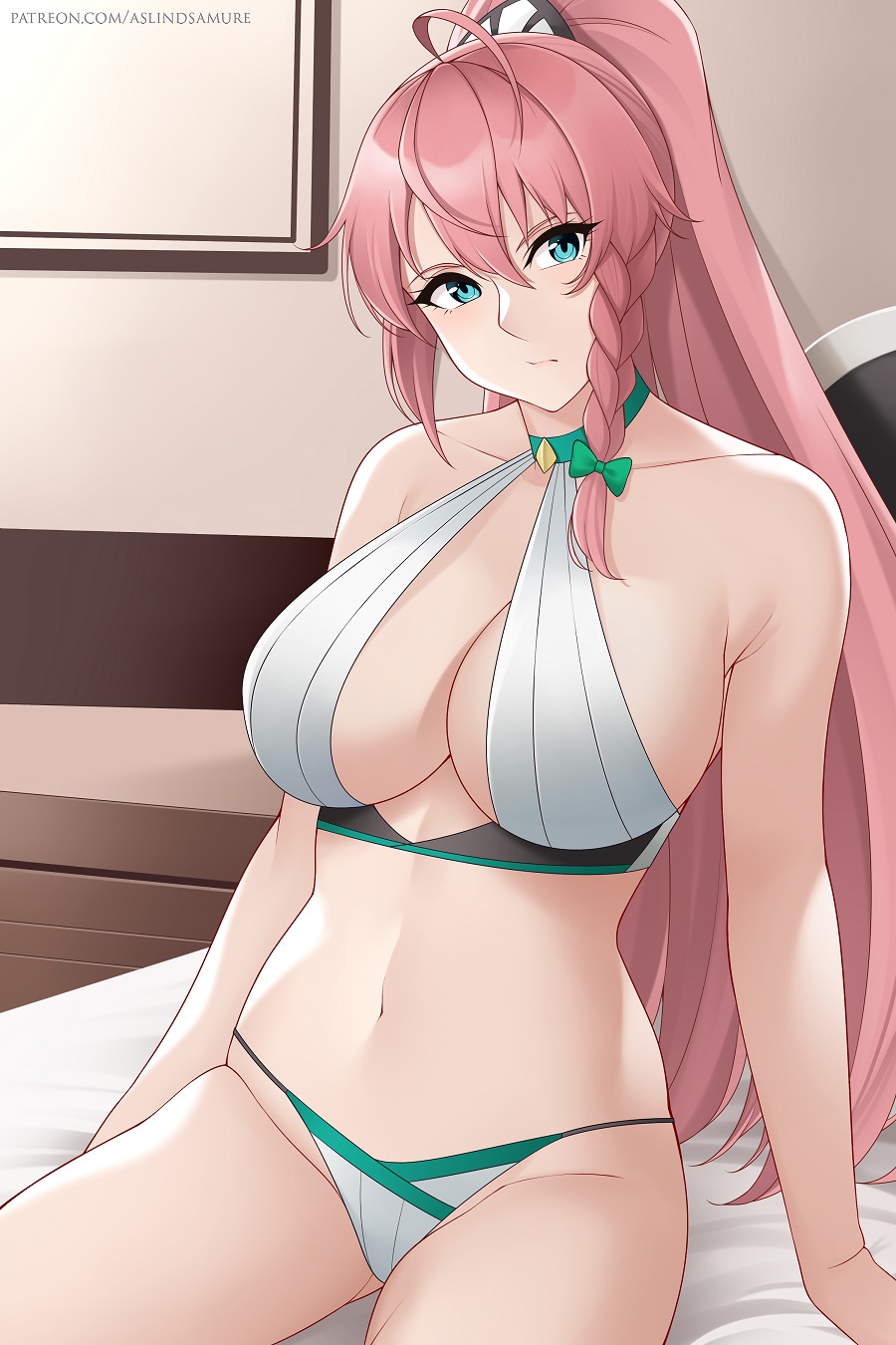 antenna_hair aslindsamure banned_artist bed blue_eyes bra braid breasts cleavage dragalia_lost hair_ornament high_ponytail highres large_breasts louise_(dragalia_lost) navel panties pink_hair sideboob sitting solo underwear white_bra white_panties