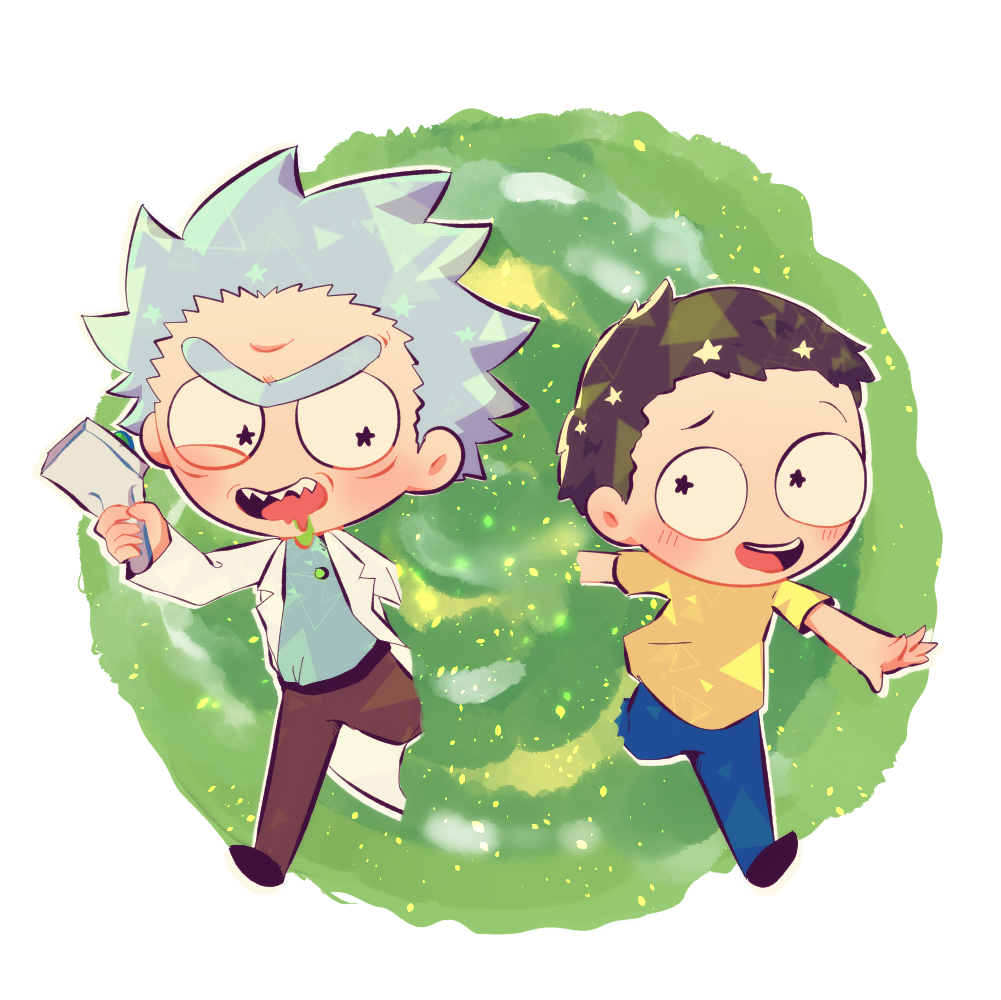 2boys brown_hair chibi coat grandfather_and_grandson labcoat messy_hair morty_smith multiple_boys portal_(object) rick_and_morty rick_sanchez shirt short_hair spiked_hair unibrow user_krry3534 white_coat white_hair yellow_shirt