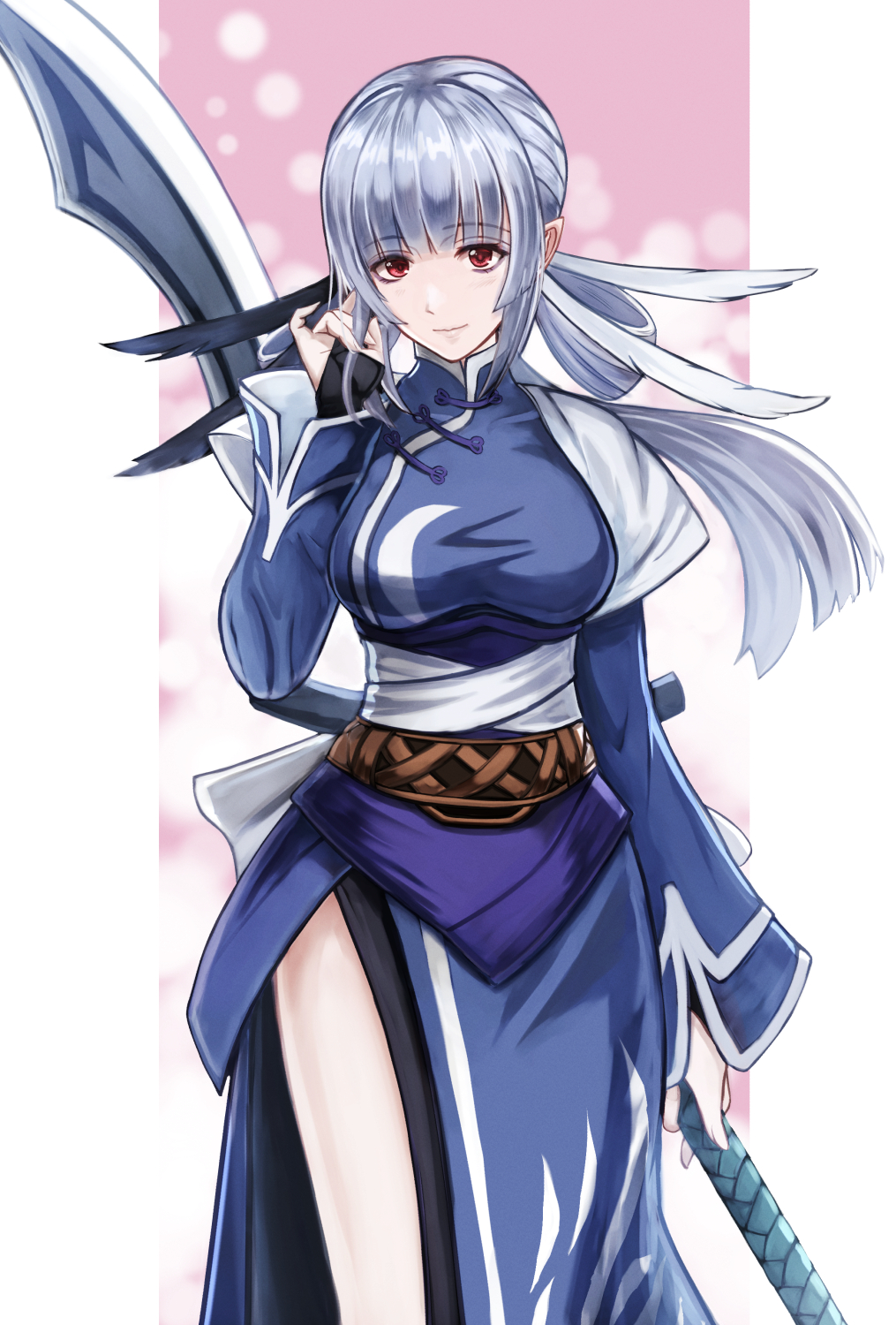 1girl akito1218 bangs breasts chinese_clothes closed_mouth grey_hair hanfu highres holding holding_polearm holding_weapon long_hair long_sleeves mikoto_(samurai_spirits) pink_background polearm red_eyes samurai_spirits smile solo spear thighs two-tone_background weapon white_background
