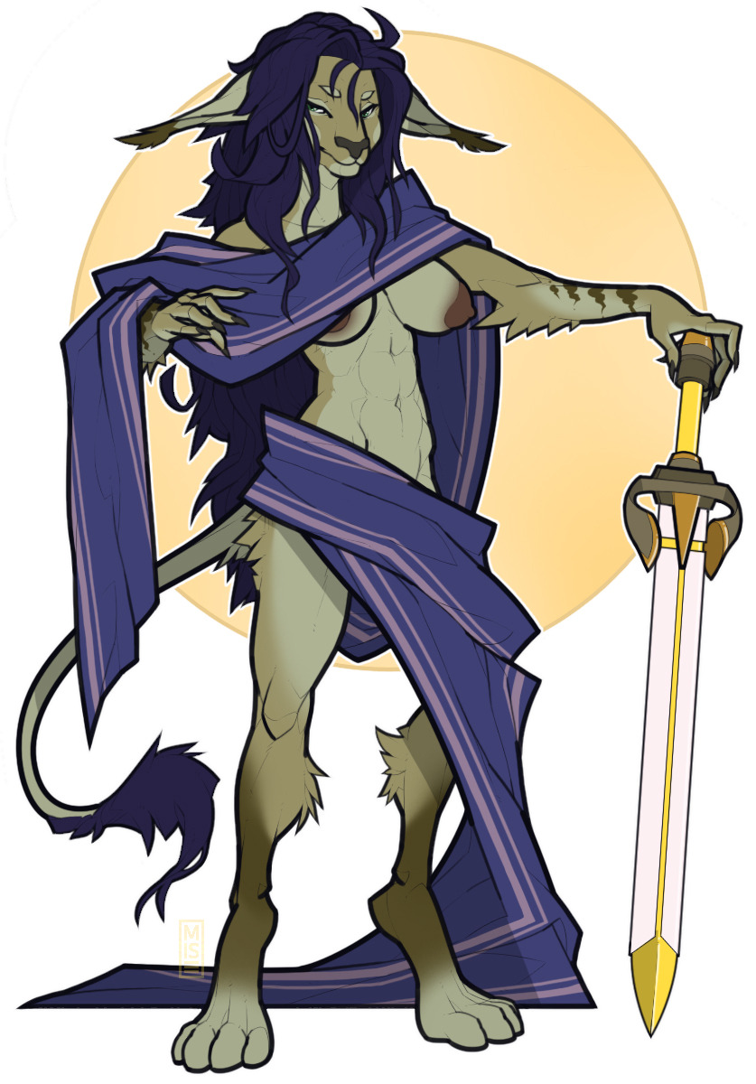 4_toes 5_fingers anthro areola breasts drapery feet felid female fingers fur green_eyes hair hi_res holding_object holding_sword holding_weapon long_hair mammal melee_weapon misericorde mostly_nude multicolored_body multicolored_fur navel nipples purple_hair simple_background solo standing sword tail_tuft toes tuft weapon white_background