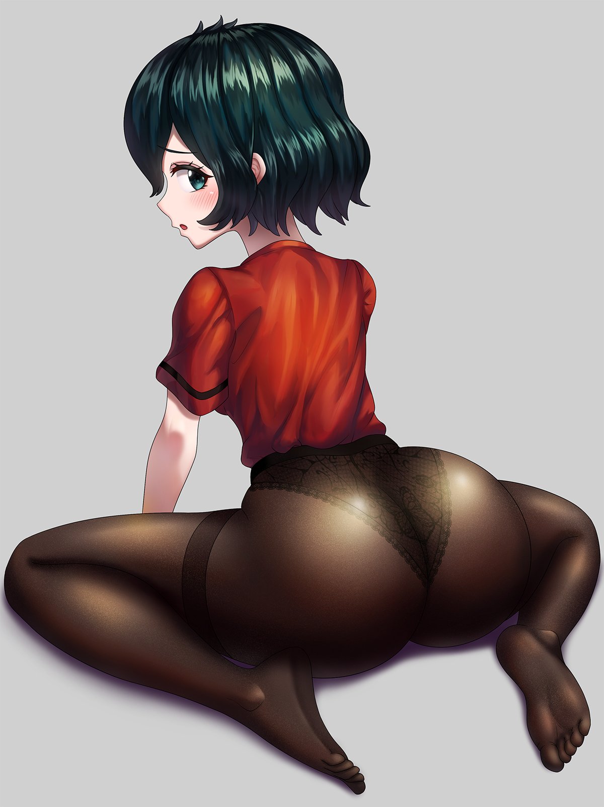 1girl aqua_eyes ass black_eyes black_hair blush from_behind hair_between_eyes highres huge_ass kaban_(kemono_friends) kemono_friends looking_at_viewer looking_back neukkom pantyhose red_shirt shirt short_hair shorts solo wavy_hair wide_hips