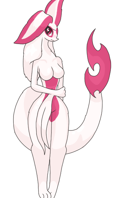 anthro big_breasts blush breasts butt colored digital_media_(artwork) embarassment embarrassed female fur generation_5_pokemon hair huge_breasts hybrid_pokemon lunaiiire mammal mienshao nintendo pokemon pokemon_(species) reptile scalie shaded simple_background snake snivy solo thick_thighs video_games white_body white_fur yareli_serpia