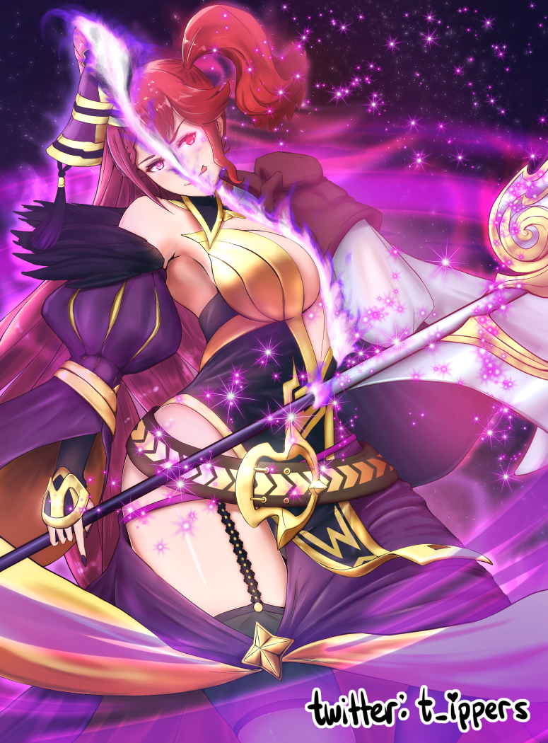 1girl anna_(fire_emblem) armpits asymmetrical_legwear bangs bare_shoulders belt braid breasts cleavage collar curvy detached_sleeves dress feather_trim fire_emblem fire_emblem_heroes garter_belt garter_straps gloves glowing glowing_eye hair_ornament hat holding holding_staff illusion ippers large_breasts licking_lips light_particles light_smile lips loki_(fire_emblem) long_hair looking_at_viewer magic pink_belt ponytail purple_eyes purple_hair red_eyes red_hair short_hair simple_background solo staff thighhighs thighs tongue tongue_out