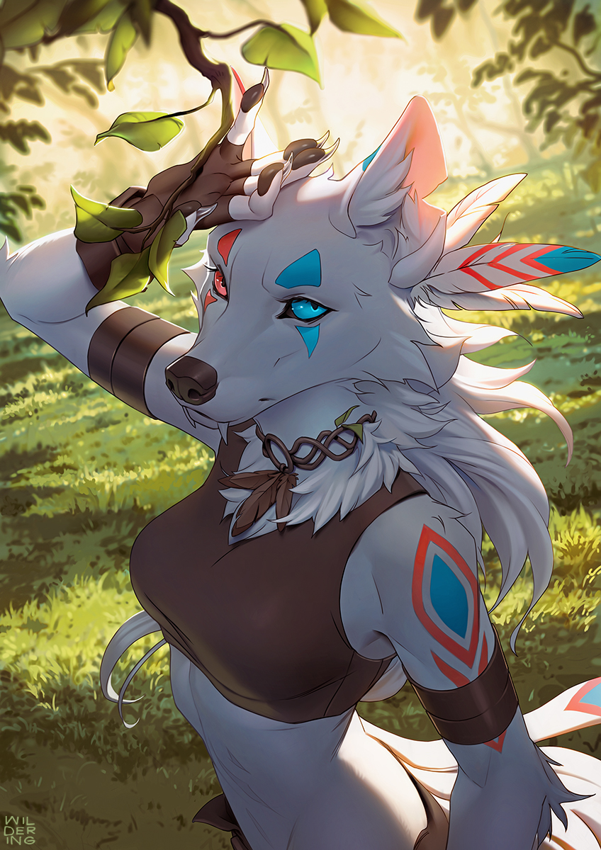 anthro armband arylena_(character) blue_eyes bottomwear branch breasts canid canine canis claws clothing crop_top fangs feathers female forest fur fur_markings gloves grass handpaw handwear heterochromia hi_res jewelry leaf looking_at_viewer mammal markings necklace pawpads paws plant red_eyes sharp_claws shirt solo topwear tree white_body white_fur wildering wolf
