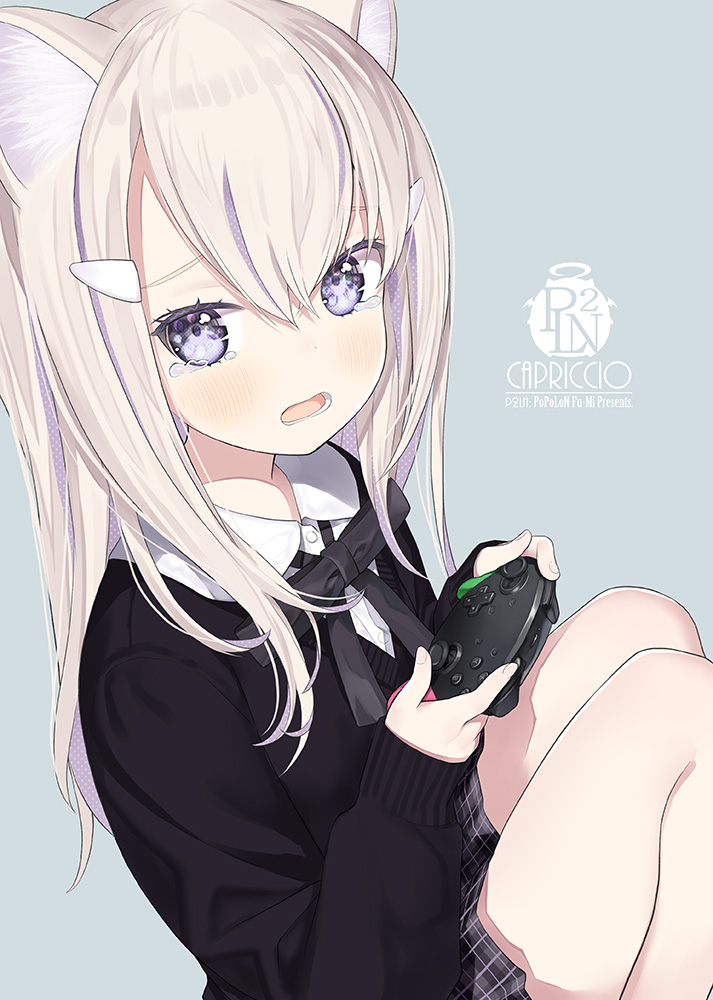 1girl animal_ear_fluff animal_ears black_bow black_sweater blonde_hair bow capriccio collared_shirt commentary_request controller dress_shirt feet_out_of_frame game_controller grey_background grey_skirt hair_ornament hairclip hands_up holding knees_up long_hair looking_at_viewer multicolored_hair open_mouth original plaid plaid_skirt pleated_skirt purple_eyes purple_hair school_uniform shirt simple_background skirt solo streaked_hair sweater tears white_shirt