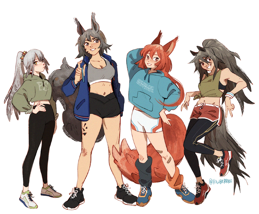 4girls alternate_costume animal_ears arknights ashlock_(arknights) asymmetrical_legwear black_footwear black_pants black_shorts blue_footwear blue_jacket blue_sweater blush bright_pupils casual commentary cropped_sweater english_commentary fartooth_(arknights) feather_hair flametail_(arknights) green_shirt green_sweater grey_eyes grey_hair grey_sports_bra grin hawberries hood hooded_sweater horse_ears horse_girl horse_tail jacket leg_warmers long_hair long_sleeves midriff mismatched_legwear multiple_girls navel open_clothes open_jacket oripathy_lesion_(arknights) pants pants_under_shorts ponytail red_eyes red_footwear red_hair red_shorts shirt shoes short_hair shorts simple_background smile sports_bra squirrel_ears squirrel_girl squirrel_tail sweater tail white_background white_footwear white_pupils white_shorts wild_mane_(arknights)