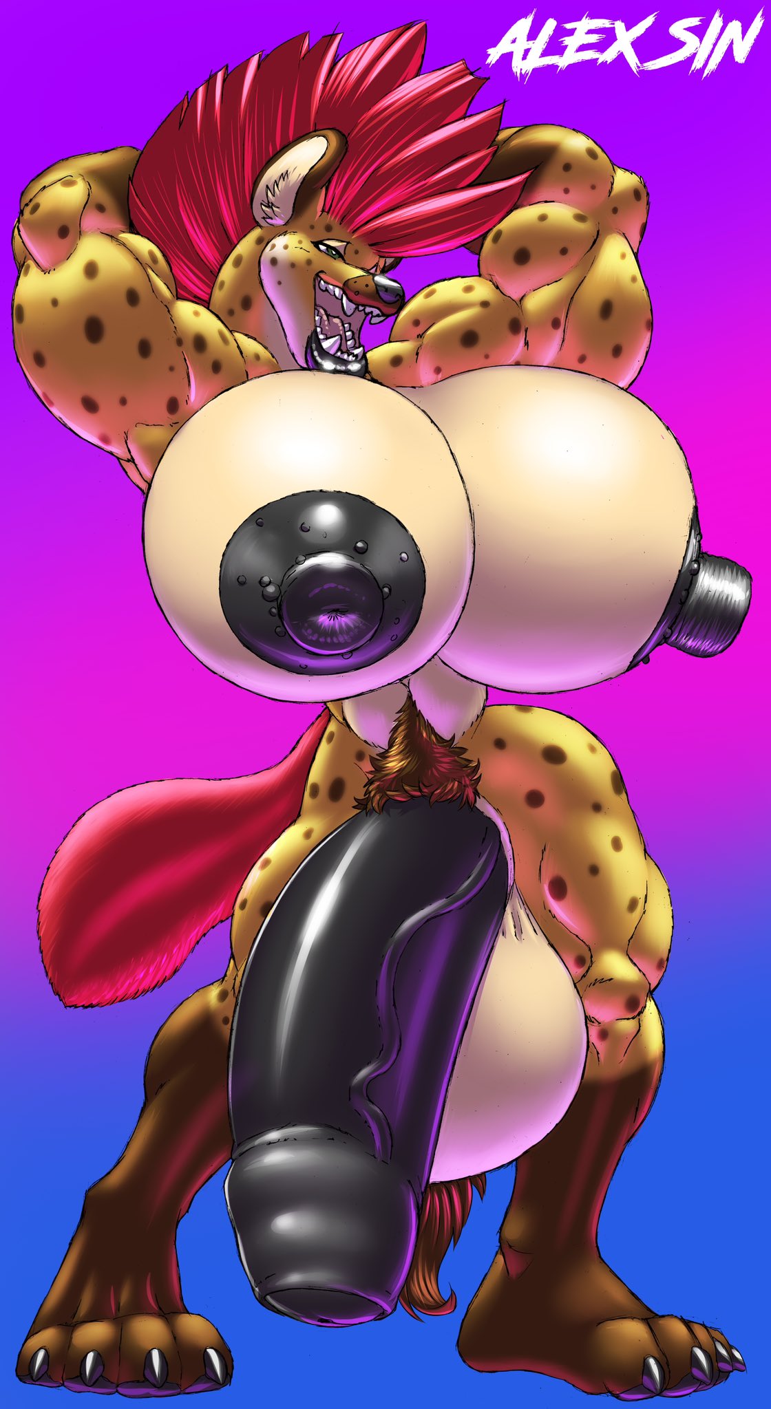 anthro areola balls big_balls big_breasts big_nipples big_penis black_areola black_nipples breasts flaccid foreskin genitals gideon gloves_(marking) gynomorph hair hands_behind_head hi_res huge_balls huge_breasts huge_penis hyaenid hyper hyper_balls hyper_genitalia hyper_penis intersex leg_markings lips mammal markings mohawk multicolored_body muscular muscular_anthro muscular_gynomorph muscular_intersex nipples nude open_mouth partially_retracted_foreskin penis pubes red_hair socks_(marking) solo spots spotted_body thick_bottom_lip two_tone_body