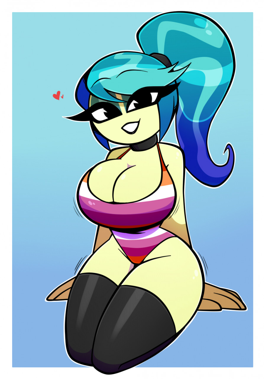 &lt;3 alternate_species auntie_lofty_(mlp) big_breasts black_clothing black_legwear black_lips blue_hair breasts cleavage clothed clothing female friendship_is_magic hair hasbro headgear headwear hi_res human humanized legwear lesbian_pride_colors lgbt_pride lips long_hair mammal my_little_pony nelljoestar one-piece_swimsuit orange_lesbian_pride_colors ponytail pride_color_clothing pride_colors smile solo stated_homosexuality stated_sexuality swimwear thick_thighs thigh_highs wide_hips