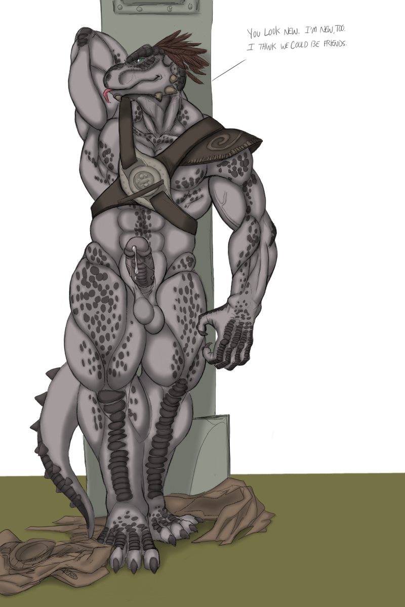 4_toes 5_fingers abs anthro argonian armor balls bethesda_softworks biceps big_muscles bodily_fluids brown_body brown_feathers brown_penis brown_scales claws clothing_on_floor colored_sketch dialogue digital_media_(artwork) dreke dripping feather_hair feathers feet fingers genital_fluids genitals glans grey_body grey_skin hand_behind_head hi_res humanoid_genitalia humanoid_penis jaree-ra looking_at_viewer male mostly_nude muscular muscular_anthro muscular_male pecs penis pillar precum precum_drip pseudo_hair raised_arm saggy_balls scales scalie simple_background sketch smile solo standing talking_to_viewer the_elder_scrolls toes tongue tongue_out unconvincing_armor video_games
