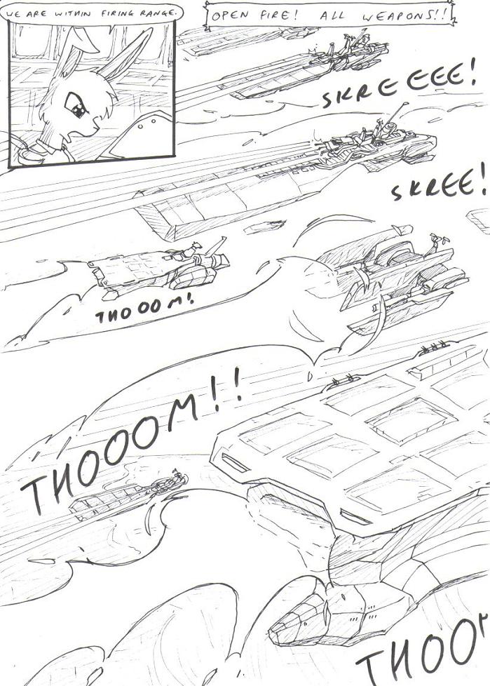 aircraft anthro beam black_and_white cannon cloudscape comic computer dialogue energy_beam english_text folded_ears kitfox-crimson lagomorph leporid long_ears male mammal monochrome onomatopoeia open_mouth rabbit ranged_weapon screen sketch sky solo solo_focus sound_effects speech_bubble technology text weapon
