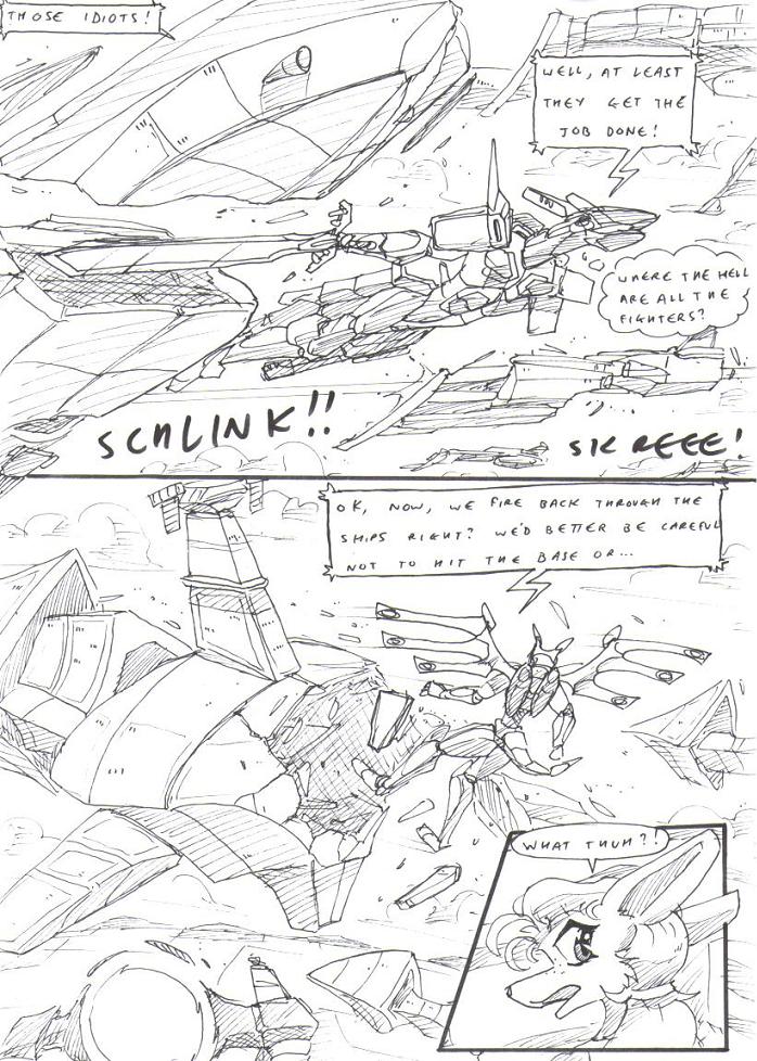 accessory aircraft anthro black_and_white border cloud cloudscape comic destroyed_vehicle destruction dialogue english_text explosion female flying_machine freckles hair hair_accessory harriet_(kitfox-crimson) kangaroo kick kitfox-crimson long_hair looking_back machine macropod mammal marsupial mecha melee_weapon monochrome open_mouth outside_border sketch sky slice slicing solo solo_focus speech_bubble sword text thinking thought_bubble weapon wings