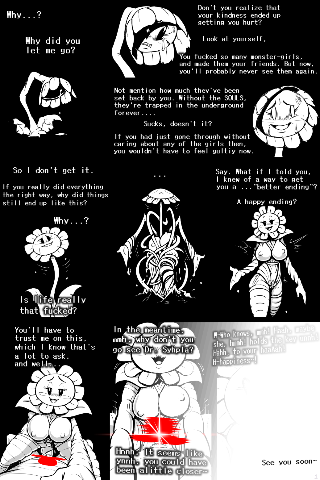 alternate_universe anthro anthrofied blush bodily_fluids breasts comic cowgirl_position duo elemental_creature female first_person_view flora_fauna flower flowey_the_flower frisk_(undertale) from_front_position hi_res human humanoid leaf looking_at_viewer male male/female mammal on_bottom on_top peddles plant sex tears text thewill under(her)tail undertale undertale_(series) video_games vines
