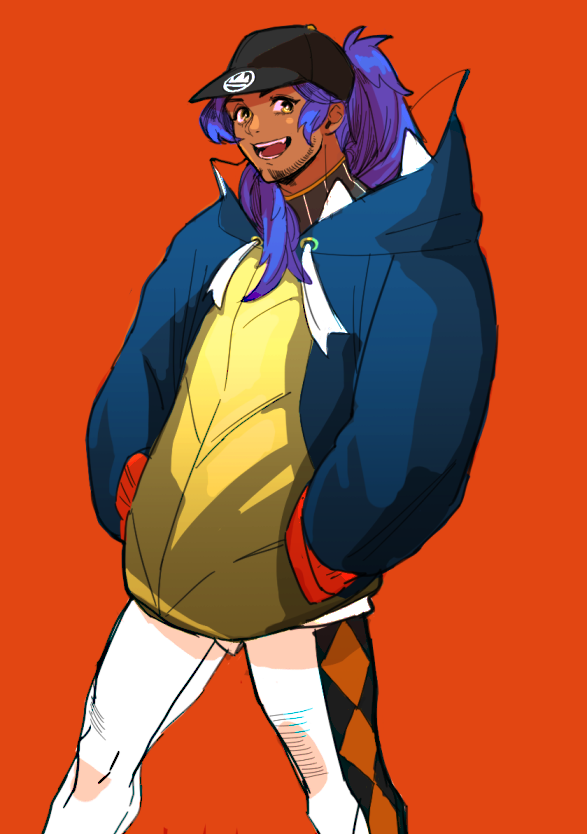 1boy :d baseball_cap black_headwear commentary_request dark-skinned_male dark_skin facial_hair hands_in_pockets happy hat hood hood_down hoodie leggings leon_(pokemon) long_hair male_focus murinemuimuri open_mouth orange_background pokemon pokemon_(game) pokemon_swsh purple_hair shirt short_shorts shorts simple_background smile solo teeth tongue white_shorts yellow_eyes