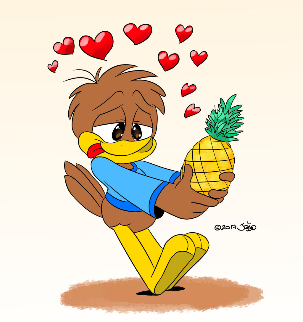 &lt;3 2017 anthro avian billy_&amp;_friends bird blue_clothing blue_shirt blue_topwear bottomless brown_body brown_feathers child clothed clothing cuculiform digital_media_(artwork) feathers food fruit holding_object joaoppereiraus joe_(joaoppereiraus love male pineapple plant shirt signature solo tongue tongue_out topwear what young