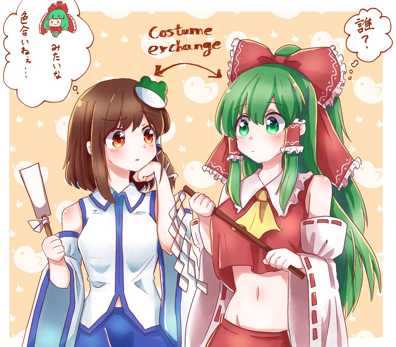 2girls alternate_hairstyle ascot blush bow brown_eyes brown_hair collared_shirt commentary_request cosplay costume_switch crop_top crop_top_overhang detached_sleeves frog_hair_ornament gohei green_eyes green_hair groin hair_bow hair_ornament hair_tubes hairstyle_switch hakurei_reimu hakurei_reimu_(cosplay) highres holding_gohei kagiyama_hina kochiya_sanae kochiya_sanae_(cosplay) long_hair midriff multiple_girls navel oonusa red_shirt shirt stomach tanikake_yoku thought_bubble touhou translation_request white_shirt yellow_ascot yellow_background