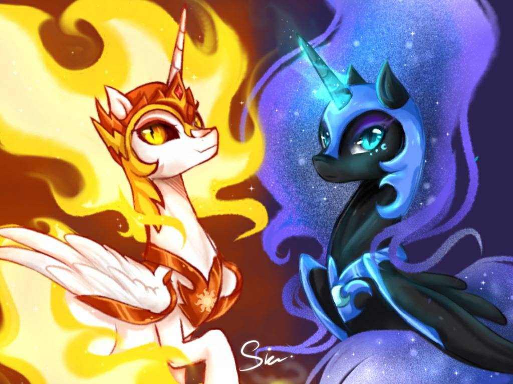 armor black_body black_feathers blue_eyes daybreaker_(mlp) digital_media_(artwork) duo eyelashes feathered_wings feathers female feral fire flaming_hair friendship_is_magic glowing glowing_horn gradient_background hasbro headgear helmet horn magic midna77 my_little_pony nightmare_moon_(mlp) pseudo_hair pupils red_sclera signature simple_background slit_pupils smile white_body white_feathers wings yellow_eyes
