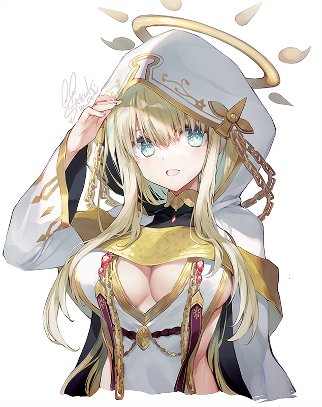 1girl :d arm_up bangs blonde_hair blue_eyes breasts cleavage cloak commentary_request cropped_torso dress flower_knight_girl hair_between_eyes halo hood hood_up hooded_cloak large_breasts long_hair long_sleeves looking_at_viewer satsuki_misuzu signature simple_background smile solo upper_body white_background white_cloak white_dress wide_sleeves