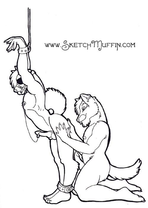 ankle_cuffs anthro ball_gag balls bdsm black_and_white blindfold bondage bound butt canid canine canis clamp cuff_(restraint) dominant dominant_male duo ear_piercing erection gag genitals hand_on_butt hands_above_head male male/male mammal monochrome nipple_clamp nipples penis piercing restraints sketchmuffin smile spread_butt spreading submissive submissive_male text url wolf wrist_cuffs