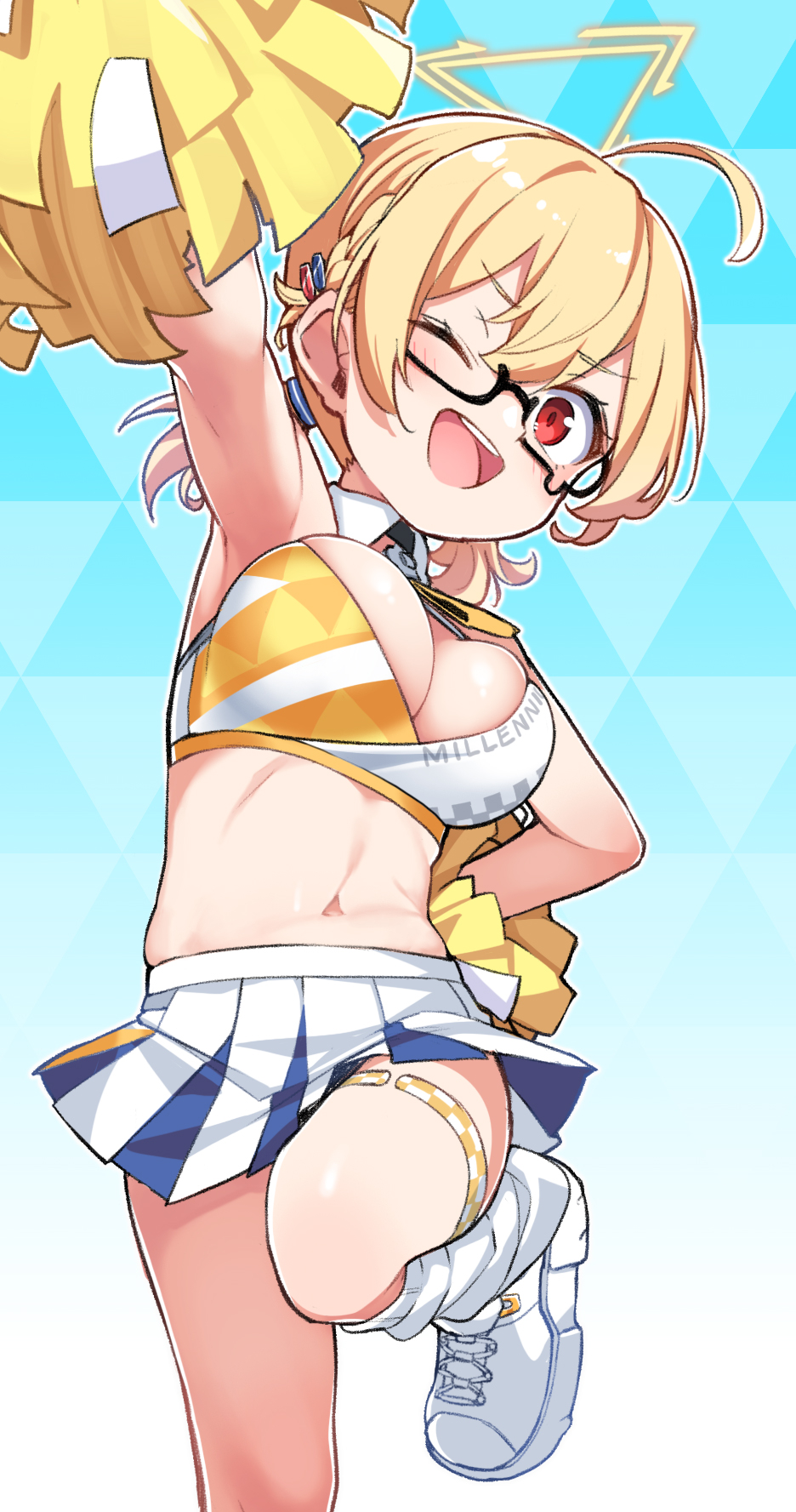 1girl ;d ahoge alternate_costume armpits bangs banned_artist bare_arms bare_legs bare_shoulders black-framed_eyewear blonde_hair blue_archive blue_background breasts cheerleader cleavage crop_top glasses gradient gradient_background hair_between_eyes hand_on_hip highres holding konnyaku_(kk-monmon) kotori_(blue_archive) kotori_(cheerleader)_(blue_archive) large_breasts leg_up looking_at_viewer midriff miniskirt navel one_eye_closed open_mouth pleated_skirt pom_pom_(cheerleading) red_eyes semi-rimless_eyewear shirt shoes skirt sleeveless sleeveless_shirt smile sneakers solo standing standing_on_one_leg under-rim_eyewear virtual_youtuber white_footwear white_skirt