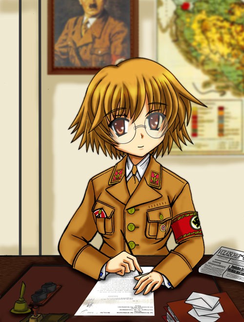 1girl bangs blonde_hair brown_jacket buttons closed_mouth collared_shirt commentary_request envelope glasses holding holding_pen indoors jacket kugi_miyachuu long_sleeves looking_at_viewer map md5_mismatch military military_uniform nazi necktie paper pen portrait_(object) shirt short_hair smile solo to_heart_2 uniform upper_body white_shirt writing yamada_michiru