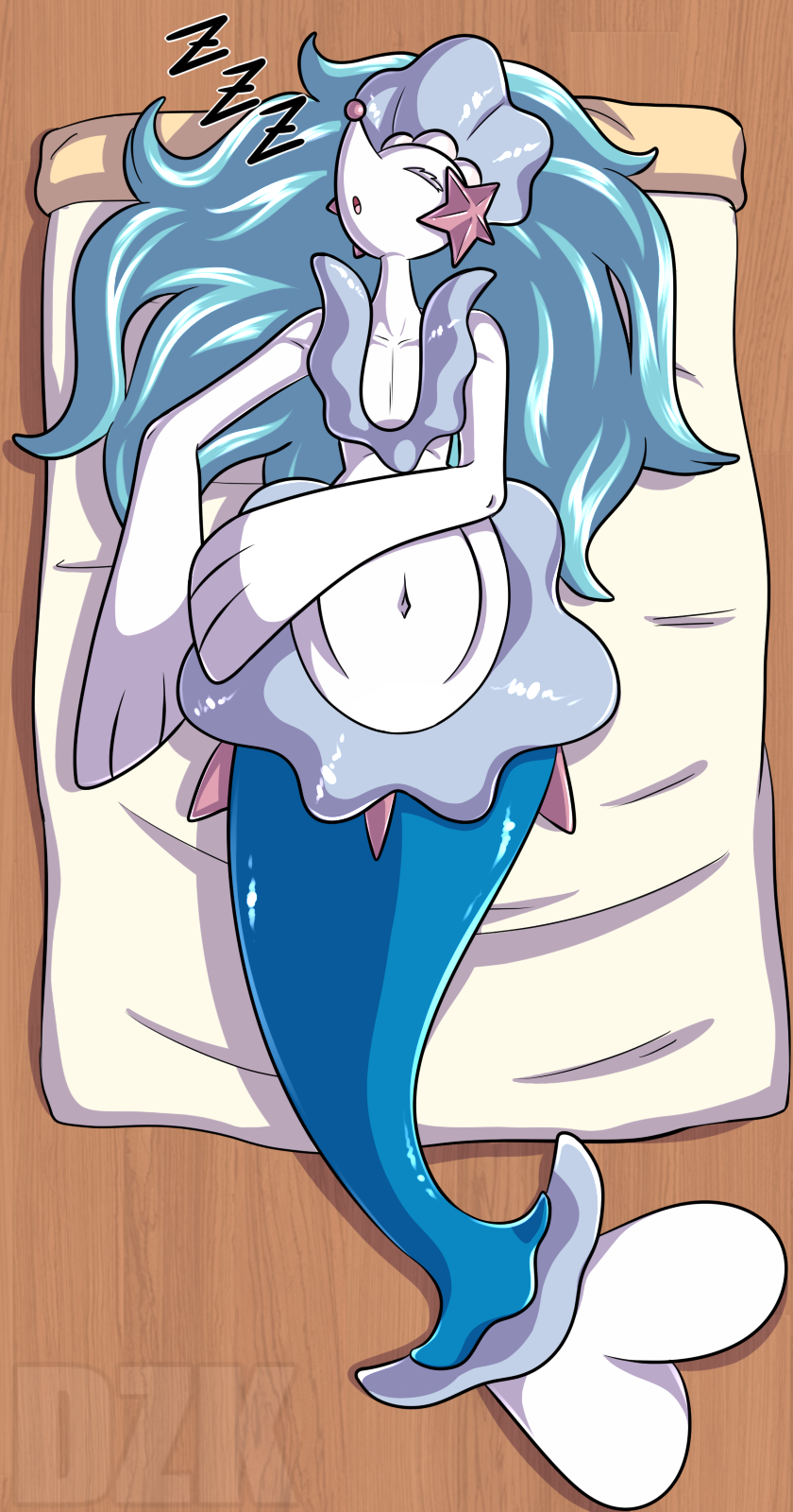 asterozoan bed blue_hair dzk echinoderm eyes_closed female feral furniture generation_7_pokemon hair hi_res long_hair marine navel nintendo open_mouth pink_nose pokemon pokemon_(species) primarina sleeping solo sound_effects starfish starfish_(accessory) video_games white_body zzz