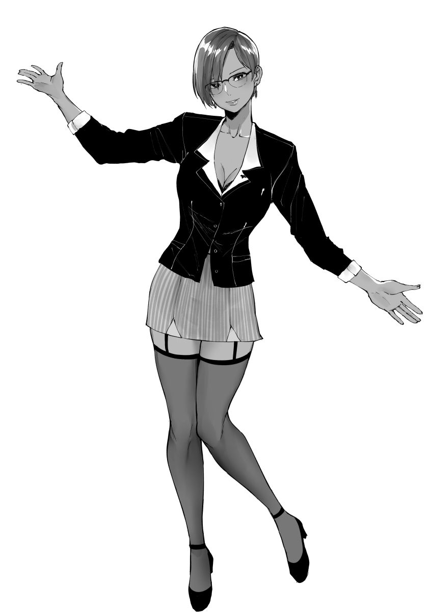 breasts business_suit dead_or_alive formal garter_straps glasses greyscale highres la_mariposa large_breasts lisa_hamilton monochrome norman_maggot office_lady outfit pose short_hair sketch skirt suit thighhighs