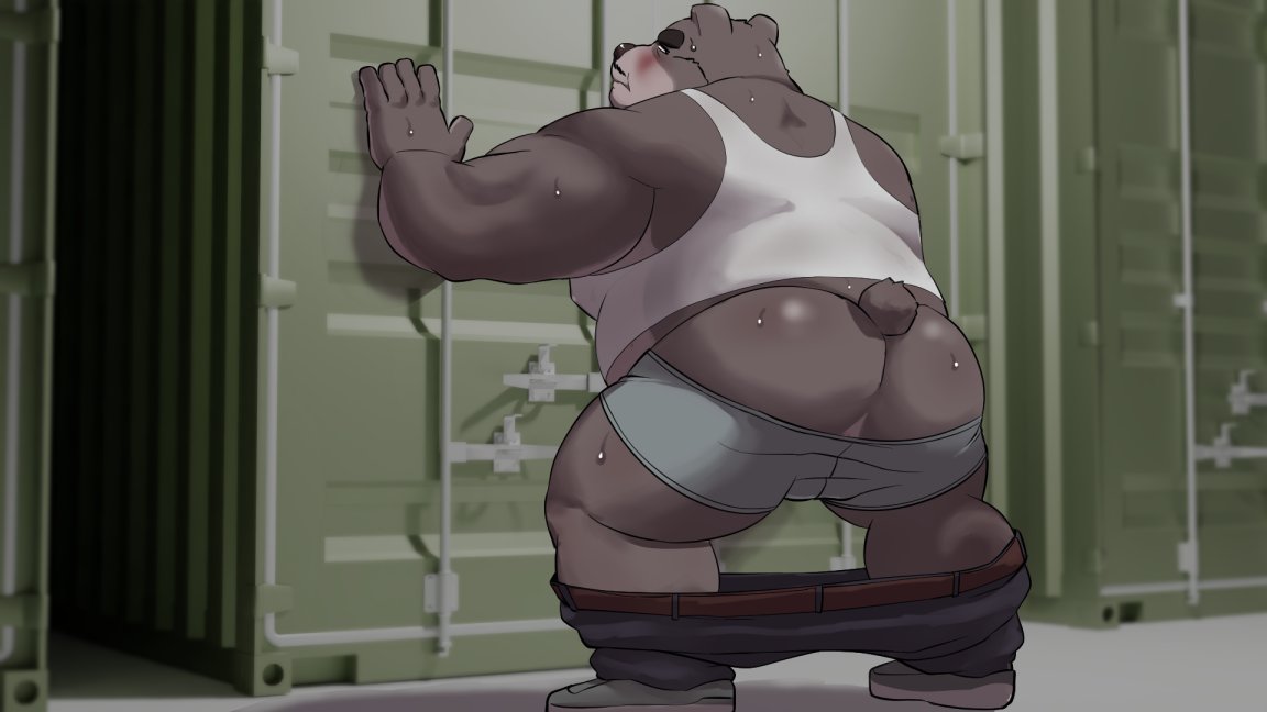 00murice 16:9 2022 anthro belly blush bodily_fluids bottomwear bottomwear_down butt clothed clothing kemono male mammal overweight overweight_male pants pants_down partially_clothed solo sweat underwear ursid widescreen