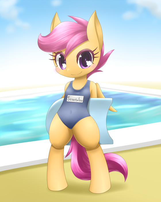 2015 anthro biped clothing equid equine female flotation_device friendship_is_magic hair hasbro hashioaryut looking_at_viewer mammal my_little_pony one-piece_swimsuit orange_body pegasus purple_eyes purple_hair purple_tail school_swimsuit scootaloo_(mlp) semi-anthro smile smiling_at_viewer solo swimming_pool swimwear wings