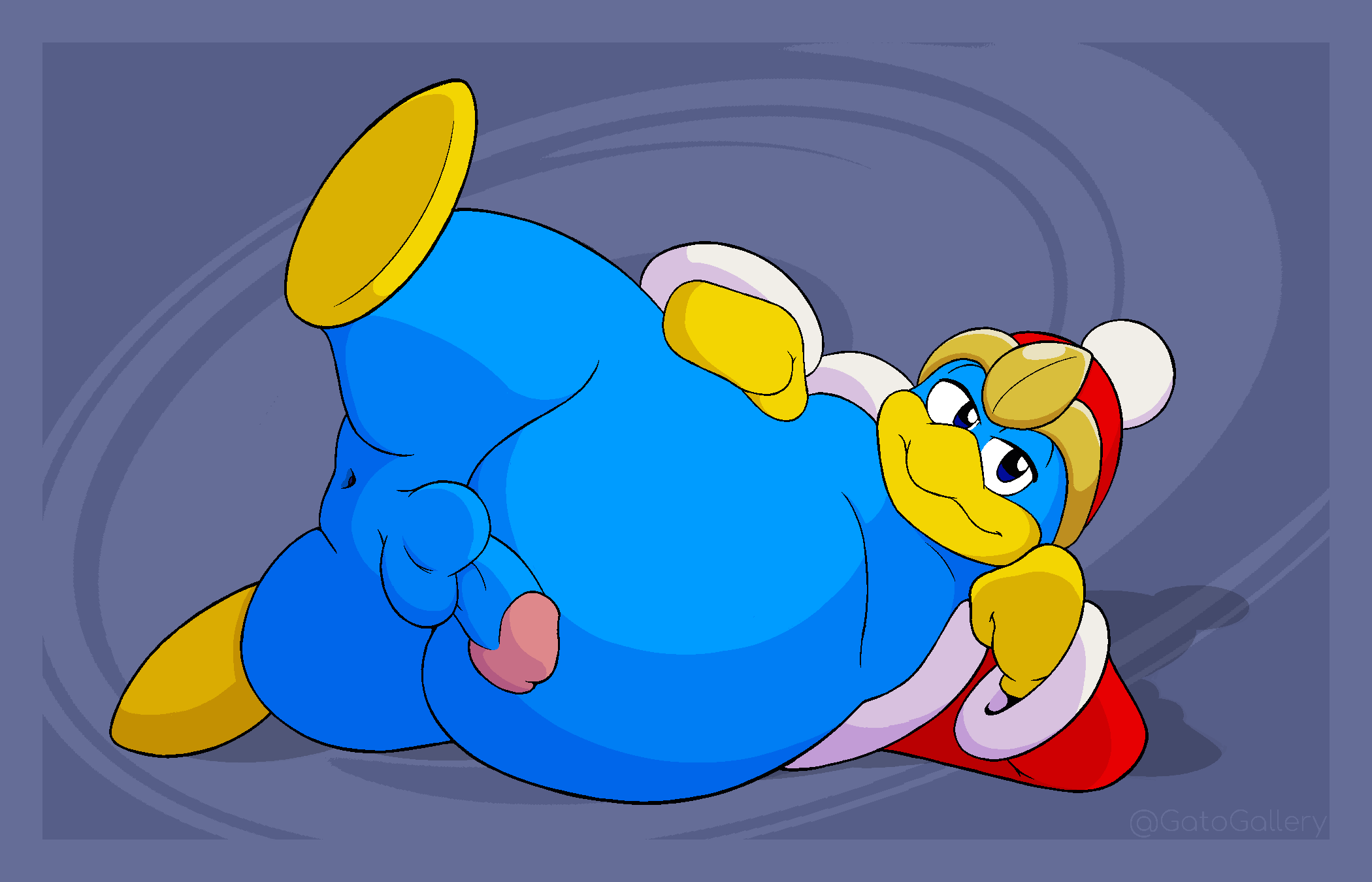 anthro anus avian bird clothed clothing erection gatogallery genitals hat headgear headwear hi_res humanoid_genitalia king_dedede kirby_(series) looking_at_viewer lying male nintendo on_side overweight overweight_anthro overweight_male penguin penis presenting raised_leg smile solo video_games