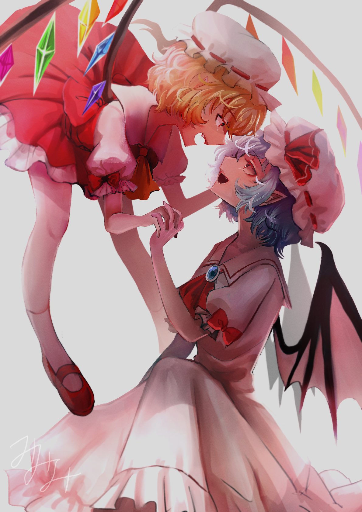 2girls artist_name ascot bangs bat_wings blonde_hair blue_gemstone blue_hair bow collared_dress collared_shirt commentary_request crystal dress fang fangs flandre_scarlet flying frills gem grey_background grey_headwear grey_socks hair_between_eyes hand_up hands_up hat hat_ribbon highres jewelry looking_at_another looking_down looking_up mob_cap multicolored_wings multiple_girls one_side_up open_mouth orange_ascot pink_dress pink_headwear pointy_ears puffy_short_sleeves puffy_sleeves red_ascot red_bow red_dress red_eyes red_footwear red_ribbon remilia_scarlet ribbon sakikomimimmi shirt shoes short_hair short_sleeves siblings simple_background sisters sitting smile socks touhou wings