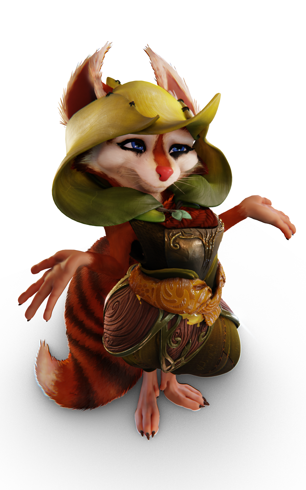 4_fingers anthro armor blue_eyes breasts clothed clothing cowl dota female fingers fur genitals hi_res hood hoodwink_(dota) mammal nipples pose red_body red_fur rodent sciurid sitting smile solo tail_tuft tree_squirrel tuft video_games white_body