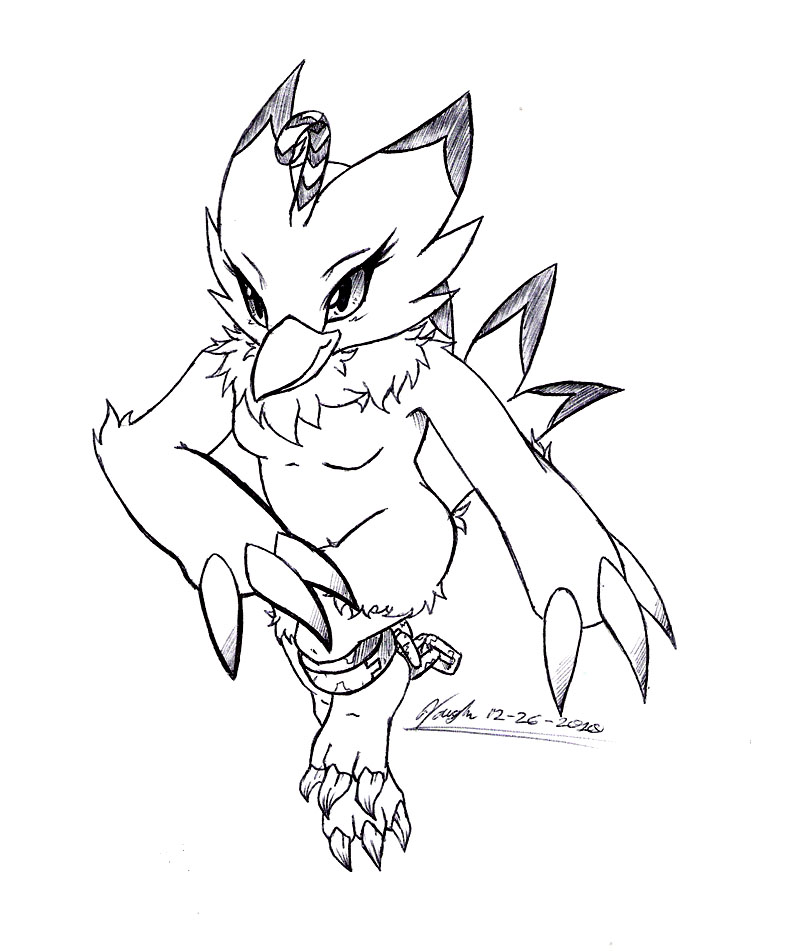 2010 anthro bandai_namco beak biyomon breasts claws digimon digimon_(species) feathers featureless_breasts feet female monochrome non-mammal_breasts ring ring_on_leg sketch solo toes viroveteruscy wings