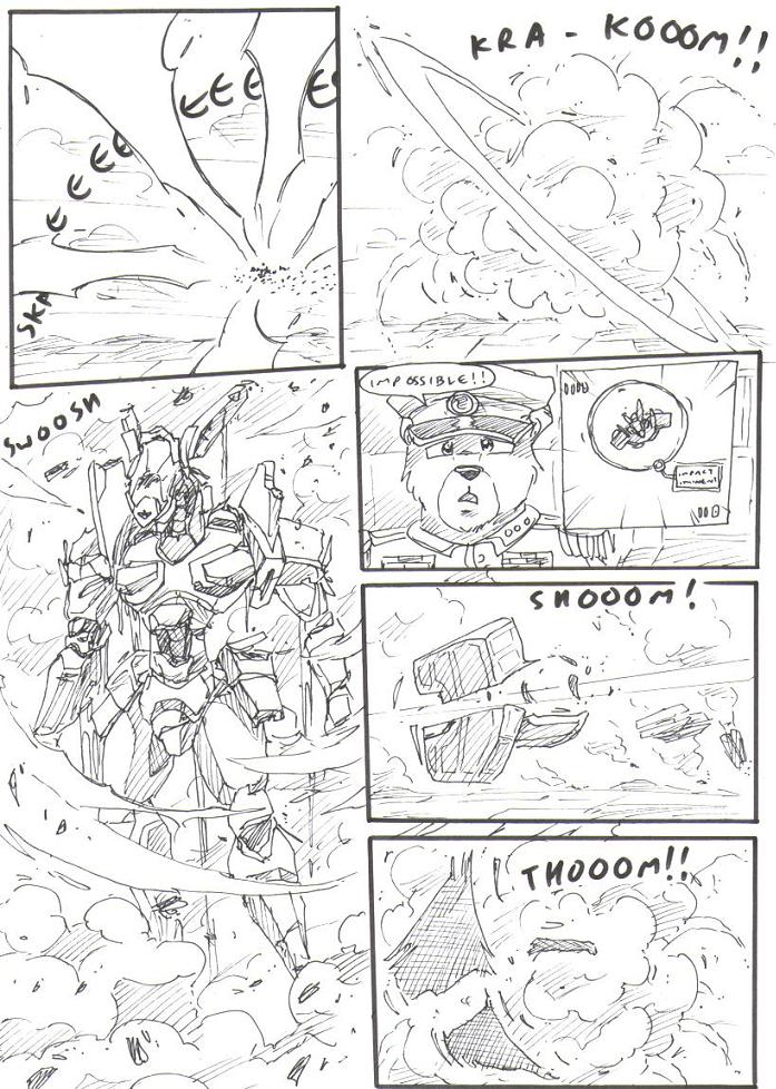 anthro beam black_and_white clothing cloud comic damaged_vehicle death destroyed_vehicle destruction dialogue energy_beam english_text explosion field flying_machine holographic_screen imminent_death kitfox-crimson looking_at_viewer machine male mammal mecha military_hat military_uniform monochrome motion_lines mountain onomatopoeia open_mouth screen sketch sky smoke solo sound_effects speech_bubble speed_lines surprised_expression swoosh text uniform ursid