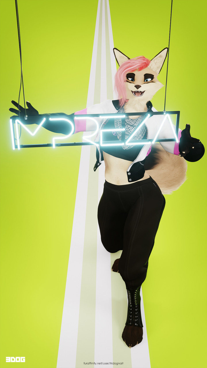 3d_(artwork) anthro bandanna boots canid canine canis claws clothed clothing digital_media_(artwork) english_text female footwear fox fur hair hi_res impreza jacket kerchief looking_at_viewer mammal multicolored_body neon neon_lights outside pink_hair simple_background smile solo tan_body tan_fur text topwear tridognait