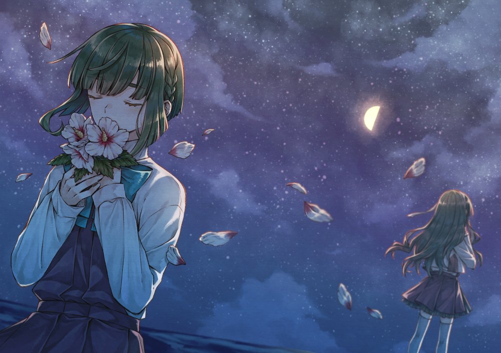 2girls bangs closed_eyes cloud dress flower green_hair half_moon holding holding_flower jacket kantai_collection leaf long_hair long_sleeves miroku_san-ju moon multiple_girls naganami_(kancolle) naganami_kai_ni_(kancolle) night ocean outdoors petals purple_dress purple_skirt school_uniform shirt short_hair skirt sky star_(sky) starry_sky takanami_(kancolle) thighhighs water white_flower