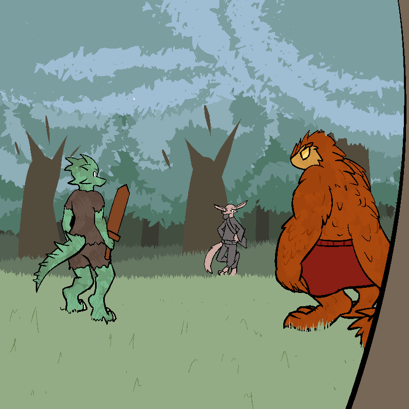 2014 3_toes anthro barefoot claws clothed clothing digital_drawing_(artwork) digital_media_(artwork) digitigrade dirty feet fen_(lagotrope) fur furred_kobold grass green_body green_skin group horn kobold lagotrope lizard male melee_weapon mountain_kobold orange_body orange_scales outside plant reptile scales scalie standing story story_at_source story_in_description sword tan_body tan_fur tgchan toes topwear tree trio weapon