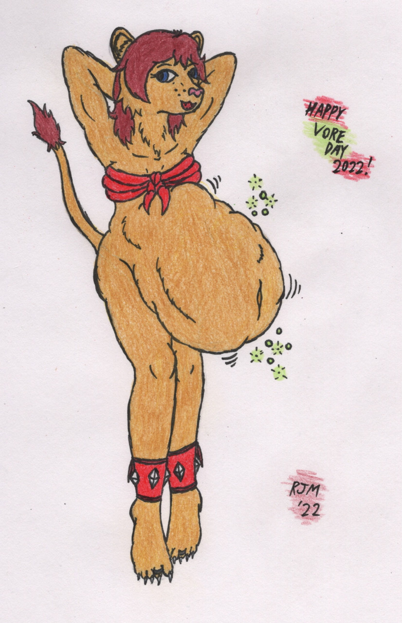 5_toes abdominal_bulge anklet anthro belly bikini bikini_top bottomless bubble claws clothed clothing colored_pencil_(artwork) digestion digit_ring feet felid female hi_res jewelry lion mammal markings navel open_mouth open_smile oral_vore pantherine raziya_(character) ring smile solo struggling struggling_prey swimwear tail_tuft toe_claws toe_ring toes traditional_media_(artwork) trans_(lore) trans_woman_(lore) tuft vore vore_day vore_day_2022 whisker_markings