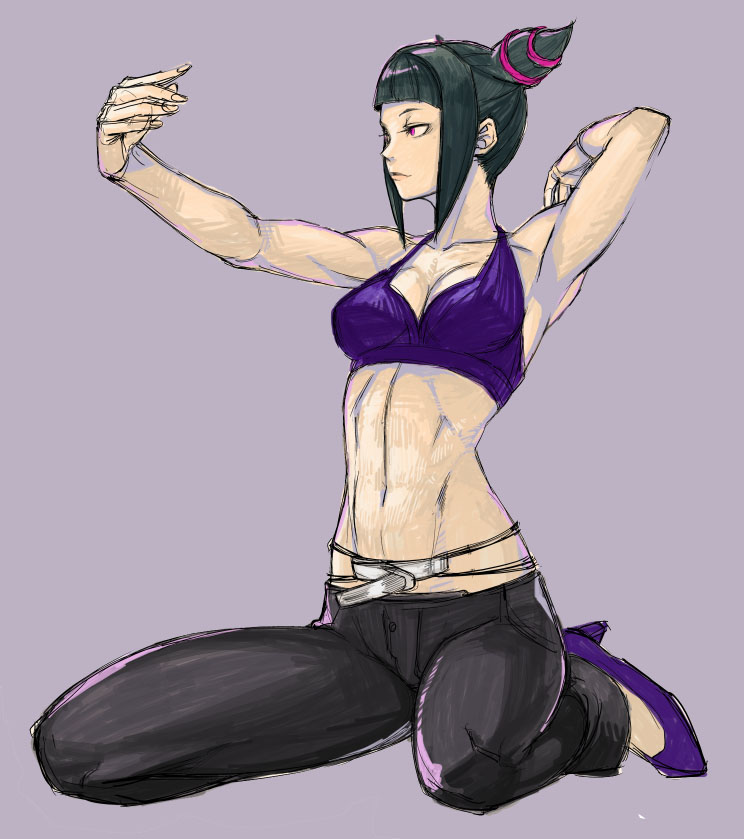 abs alternate_costume arm_up armpits bangs bare_shoulders black_hair blunt_bangs drill_hair full_body grey_background halter_top halterneck han_juri hands midriff navel pants pink_eyes red_eyes shoes simple_background sitting sketch sleeveless solo street_fighter street_fighter_iv_(series) tetsu_(kimuchi) toned twin_drills wariza