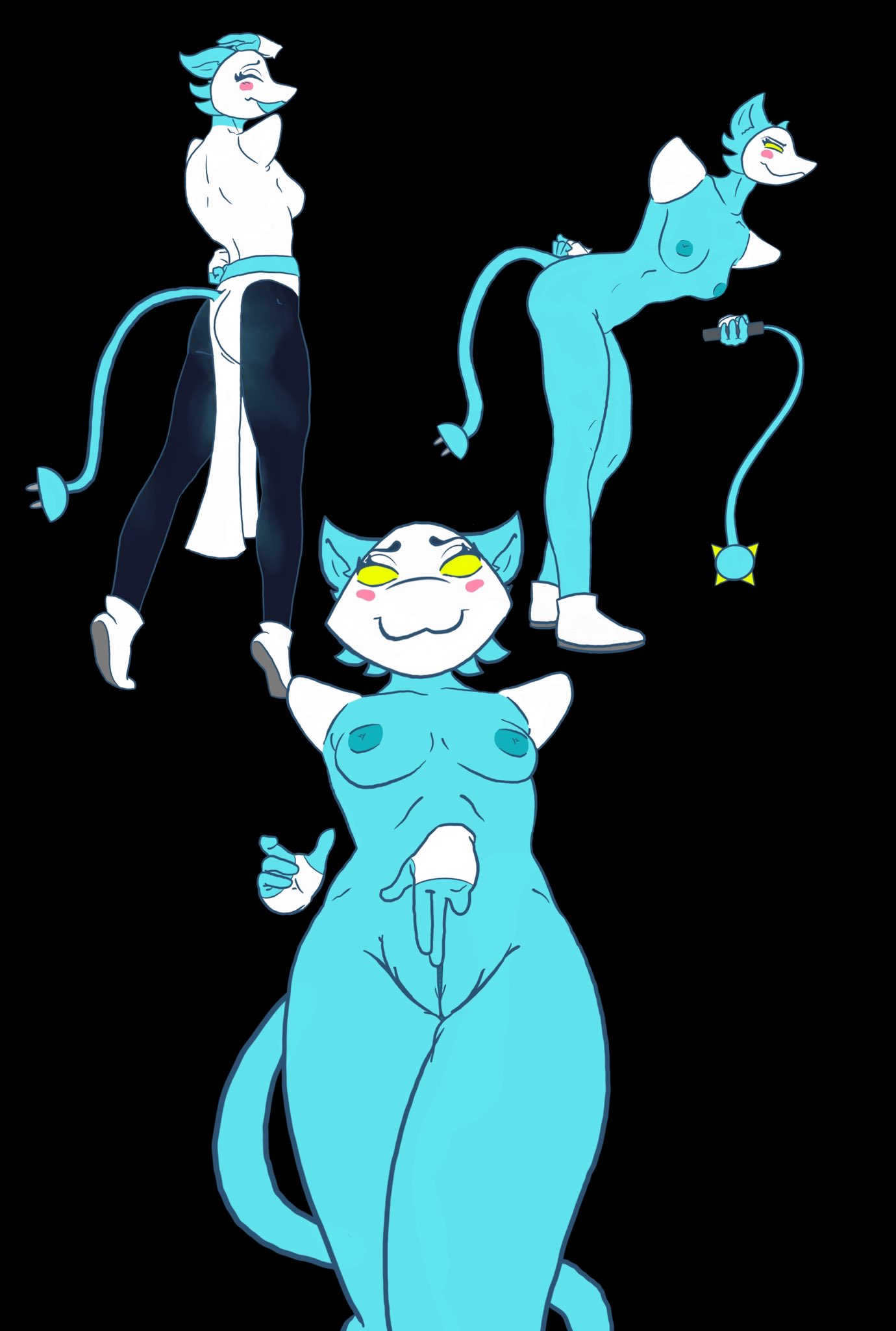 anthro armless blue_body blue_fur blue_mouth blue_skin blush clitoral clitoral_fingering clitoral_masturbation clitoris clothed clothing copperboyart deltarune felid feline female floating_hands fur genitals glowing glowing_eyes hi_res humanoid kinktober laugh legwear looking_at_viewer mammal mask masturbation no_pupils no_underwear nude solo solo_focus striptease tasque_manager tight_clothing tights undertale_(series) video_games weapon