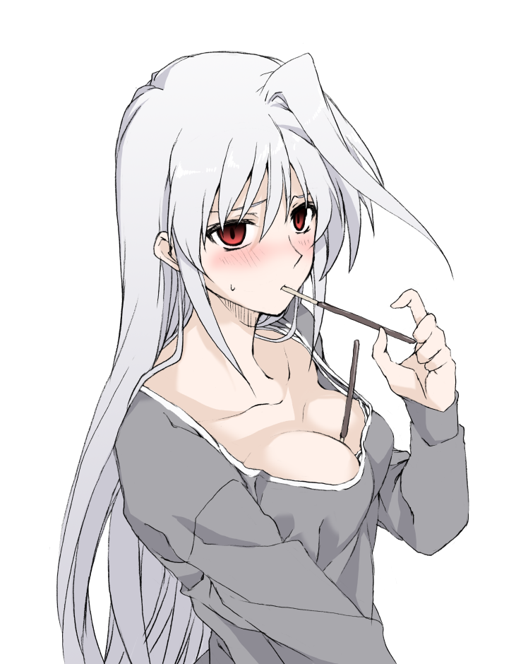 1girl ahoge alternate_costume between_breasts blush breasts cleavage collarbone commentary_request elf_(stroll_in_the_woods) grey_hair grey_short long_hair lyrical_nanoha mahou_shoujo_lyrical_nanoha mahou_shoujo_lyrical_nanoha_a's medium_breasts pocky_in_mouth red_eyes reinforce simple_background solo sweatdrop upper_body white_background