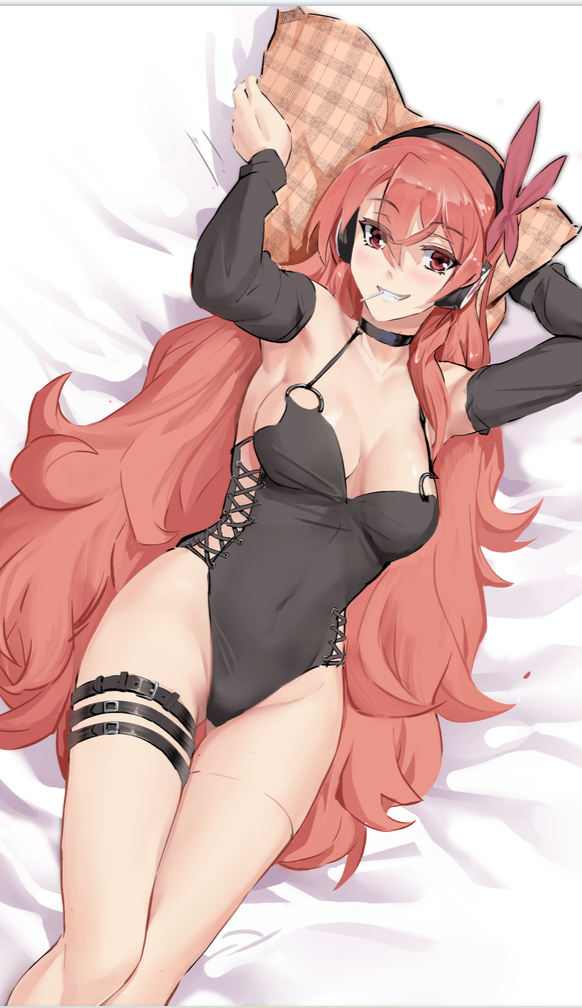 1girl akame_ga_kill! aki_no_kan bangs bed_sheet black_choker black_hairband black_one-piece_swimsuit black_sleeves breasts candy casual_one-piece_swimsuit chelsea_(akame_ga_kill!) choker cleavage collarbone covered_navel detached_sleeves food from_below grin hair_between_eyes hairband headphones large_breasts lollipop long_hair long_sleeves looking_at_viewer lying on_back one-piece_swimsuit pillow red_eyes red_hair shiny shiny_hair sketch smile solo swimsuit thigh_strap very_long_hair