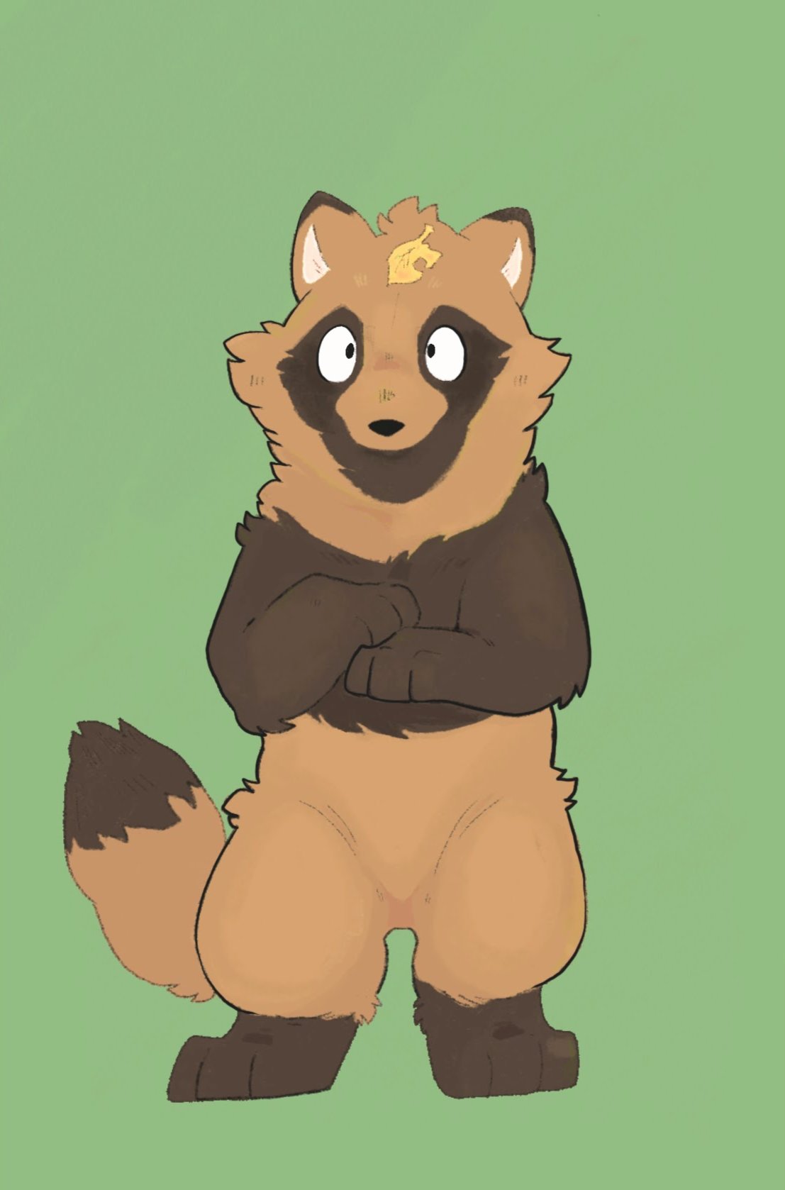 2022 anthro biped black_nose brown_body canid canine green_background hi_res kemono leaf mammal raccoon_dog simple_background solo tanuki tinntira