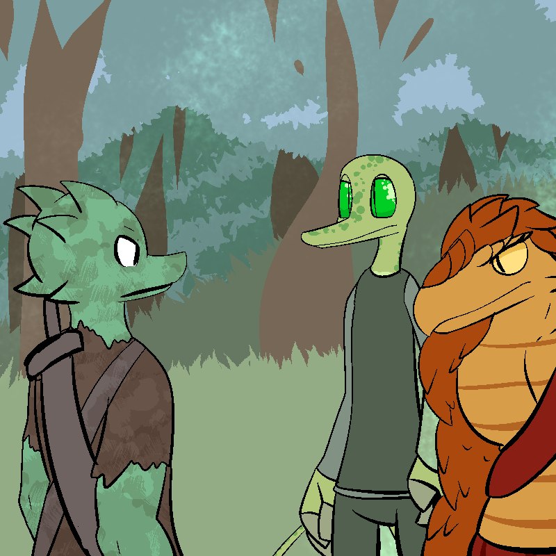 1:1 2014 anthro clothed clothing digital_drawing_(artwork) digital_media_(artwork) fen_(lagotrope) grass green_body green_eyes green_skin group horn kobold lagotrope lizard male mountain_kobold orange_body orange_eyes orange_scales outside plant pupils reptile scales scalie shirt slit_pupils standing story story_at_source story_in_description tgchan topless topwear tree trio white_eyes