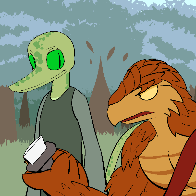 2014 anthro clothed clothing digital_drawing_(artwork) digital_media_(artwork) duo grass green_body green_eyes green_skin kobold lagotrope male melee_weapon mountain_kobold orange_body orange_eyes orange_scales outside plant pupils scales shirt slit_pupils standing story story_at_source story_in_description sword tgchan topless topwear tree weapon