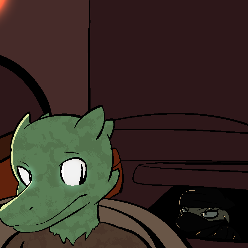 1:1 2014 ambiguous_gender anthro chair clothed clothing digital_drawing_(artwork) digital_media_(artwork) duo fen_(lagotrope) furniture glowing glowing_eyes green_body green_skin horn inside kobold lagotrope lizard looking_back male pupils reptile scalie sitting slit_pupils story story_at_source story_in_description tgchan topwear white_eyes